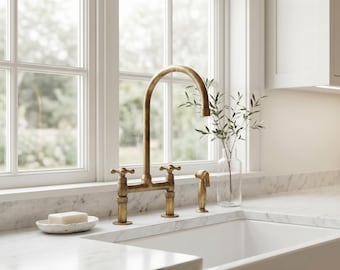 Unlacquered Brass Bridge Kitchen Faucet – Solid Brass, Antique Style, Handmade Morocco