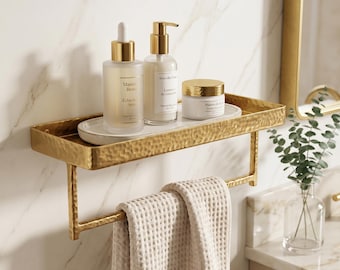 Hammered Brass Bathroom Shelf with Towel Bar, Modern Minimalist Organizer Rack