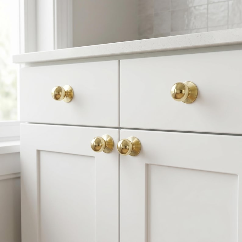 May include: A set of white cabinet doors with four gold-coloured, round cabinet knobs. The knobs are evenly spaced on the doors, which are part of a white cabinet set. The cabinet is set against a white countertop and a light-coloured tiled backsplash.