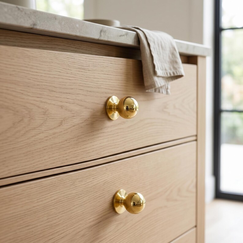 May include: Close-up of a light oak cabinet with two drawers. Each drawer has a shiny, gold-coloured knob. A marble countertop and a folded, beige linen towel are visible in the background. The cabinet is part of a kitchen or bathroom.
