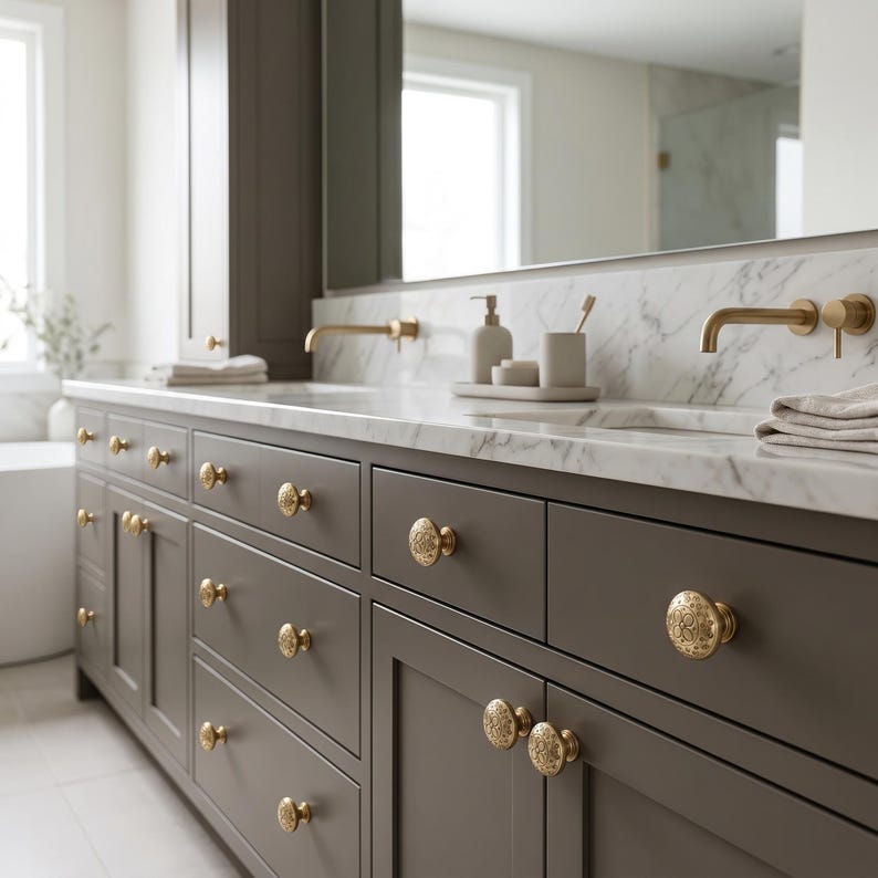 Puede incluir: Un mueble de ba&ntilde;o moderno con encimera de m&aacute;rmol y un armario gris oscuro. El armario cuenta con m&uacute;ltiples cajones y puertas con pomos dorados ornamentados. Grifos dorados y un espejo grande completan el dise&ntilde;o.