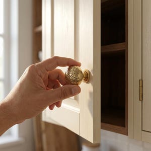 Puede incluir: Pomo de armario de lat&oacute;n con un dise&ntilde;o floral ornamentado. El pomo se est&aacute; abriendo en una puerta de armario de madera de color claro. La puerta del armario tiene un dise&ntilde;o sencillo y est&aacute; parcialmente abierta.