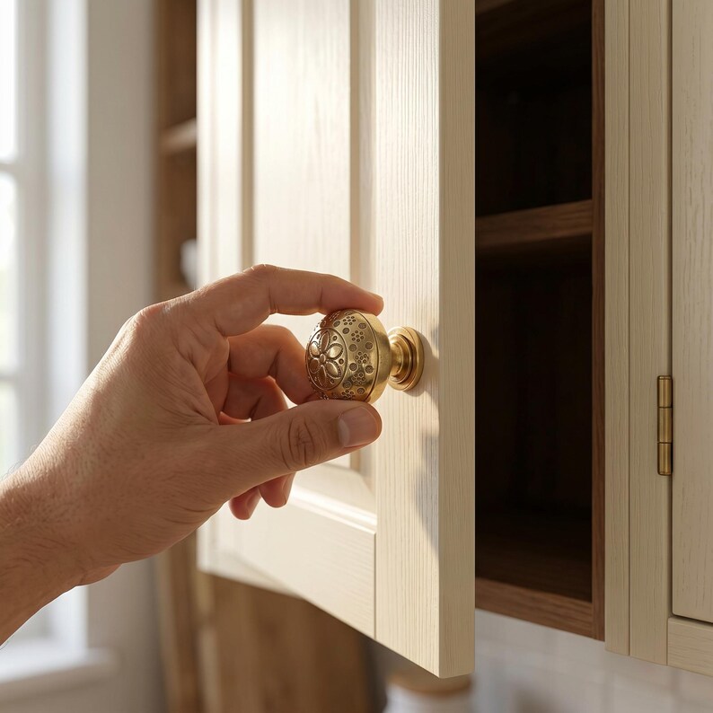 Puede incluir: Pomo de armario de lat&oacute;n con un dise&ntilde;o floral ornamentado. El pomo se est&aacute; abriendo en una puerta de armario de madera de color claro. La puerta del armario tiene un dise&ntilde;o sencillo y est&aacute; parcialmente abierta.