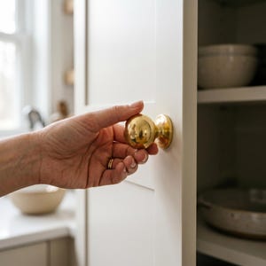 Peut inclure: Une main ouvrant une porte d'armoire blanche avec un bouton rond doré brillant. Le bouton a un design classique et est monté sur une base dorée assortie. L'armoire est dans une cuisine.