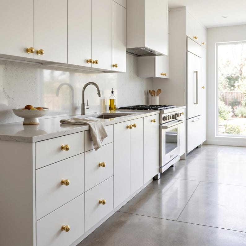 May include: A contemporary white kitchen with gold-coloured hardware. The cabinets and drawers feature gold knobs. A stainless steel oven and hob are visible. A sink with a silver tap is in the centre. A window provides natural light.