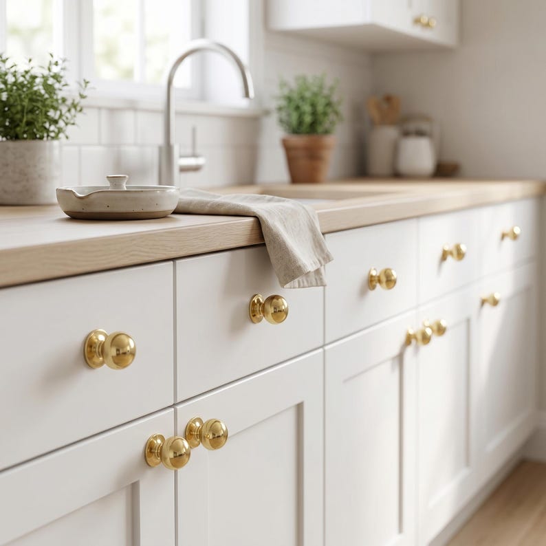 May include: A kitchen interior with white cabinets and gold spherical knobs. The cabinets are set against a light wood countertop. A stainless steel tap and a small potted plant are visible in the background.