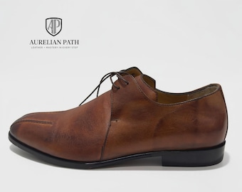 Handgemaakte leren derbyschoenen voor heren, bruine brogue-schoenen met vleugeltip