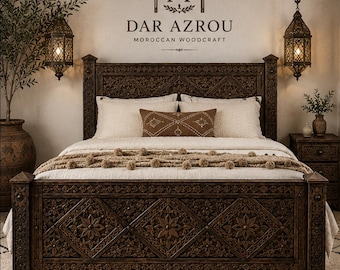 Moroccan Carved Bed Frame Dark Walnut, Berber Arabesque Headboard, Custom Cedar King Queen, Handmade Boho Bedroom Furniture Morocco