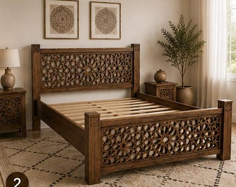 Moroccan Mashrabiya Cedar Bed Frame, Pierced Wood Lattice Headboard, Boho Bedroom Furniture