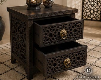 Moroccan Mashrabiya Nightstand, Islamic Star Carved Cedar Bedside Table, 2 Drawer Geometric Boho, Handmade Alhambra Bedroom Furniture