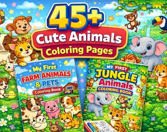 Kids Farm + Jungle Animals Coloring Book Bundle | Printable Preschool PDF Copy | 45+ Animals