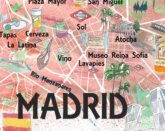 Madrid Illustrated Map Wall Art – Travel Map Print Spain City Decor
