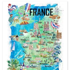 May include: Watercolor map of France with the word "FRANCE" in large black letters. The map highlights major cities and regions, including Paris, Bordeaux, and Marseille, with illustrations of landmarks and cultural symbols.