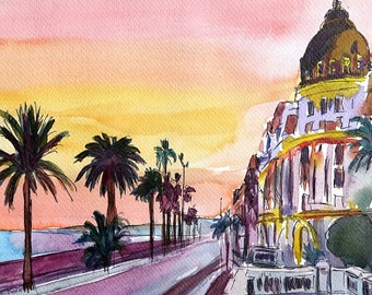 Bulevar con vistas al mar en Niza, Francia, al atardecer - Impresión artística de edición limitada - Pintura original disponible