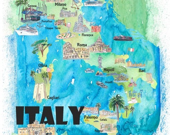 Italy Illustrated Travel Poster Favorite Map Tourist Highlights