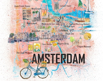 Mappa illustrata di Amsterdam, Paesi Bassi, con strade principali, punti di riferimento e punti salienti, stampa artistica
