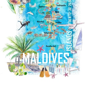 Mapa de viaje ilustrado de las Islas Maldivas con sueños de vacaciones y escondites - Impresión de bellas artes