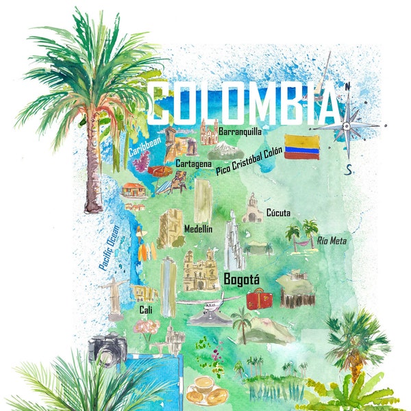 Kolumbien Illustrierte Reisekarte mit Sehenswürdigkeiten und Highlights
