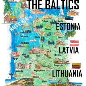 May include: Watercolor map of the Baltic countries: Estonia, Latvia, and Lithuania. The map includes illustrations of landmarks, cities, and the Baltic Sea. Text on the map includes the names of cities and the words "The Baltics" and "Baltic Sea."