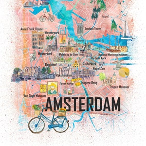 Amsterdam Niederlande Illustrierte Karte mit Hauptstraßen Sehenswürdigkeiten und Highlights Fine Art Print