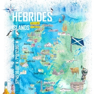 Carte de voyage illustrée des îles Hébrides avec points forts touristiques - Impression d'art