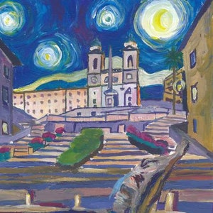 Starry Night Over Spanish Stairs in Rome Italy - Limited Edition Fine Art Print/Original Canvas Painting