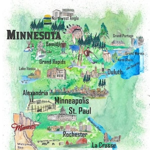 USA Minnesota State Illustrierte Reise Poster Karte mit touristischen Highlights