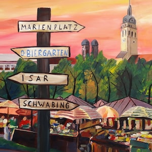 Arte de parede de Munique - Impressão do Mercado Viktualienmarkt - Pintura da paisagem urbana da Alemanha, decoração com cena de um movimentado mercado bávaro.