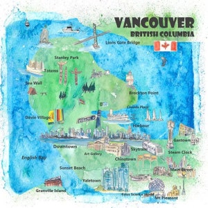 Mapa favorito do pôster de viagem de Vancouver, Colúmbia Britânica, Canadá, com destaques turísticos