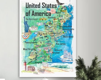 Carte de voyage colorée des États du nord-est des États-Unis Va Wv Md Pa Ny Ms Ct Ri Ve De Nj Nouvelle-Angleterre avec des faits saillants - Fine Art Print