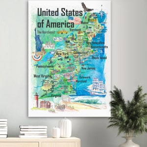 USA Nordost Staaten Bunte Reise Karte Va Wv Md Pa Ny Ms Ct Ri Ve De Nj New England mit Highlights - Fine Art Print