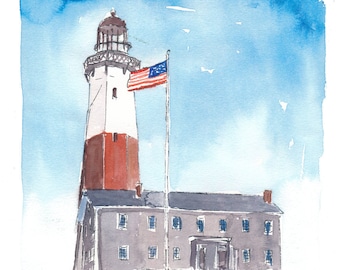 May include: Watercolor painting of a red and white lighthouse with a gray building in front of it. An American flag is flying from a pole in front of the lighthouse.