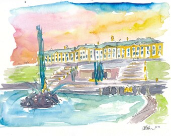 The railroad in autumn Original Watercolor Painting Russia Landscape Peterhof