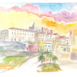 Mediterranean Mahon Menorca Cityscape at Sunset - Limited Edition Fine Art Print - Original Painting available