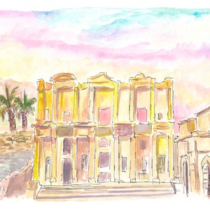 Ancient Ephesus with Roman Ruins of Celsus Library in warm Sunlight - Limited Edition Fine Art Print - Original Painting available