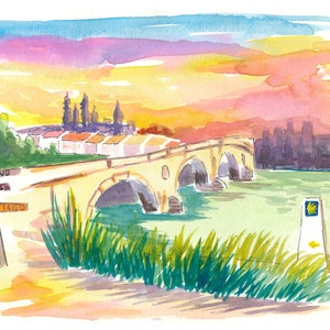 Caminho para Santiago Puente de La Reina com placa de sinalização - Impressão artística de edição limitada - Pintura original disponível