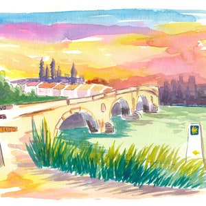 Camino To Santiago Puente de La Reina With Signpost - Limited Edition Fine Art Print - Original Painting available