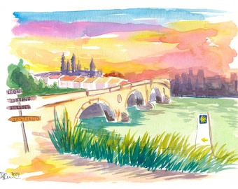 Camino To Santiago Puente de La Reina With Signpost - Limited Edition Fine Art Print - Original Painting available