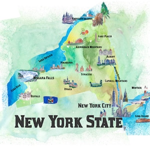 Carte d'affiche de voyage de l'État de New York aux États-Unis avec les points forts touristiques Impression artistique