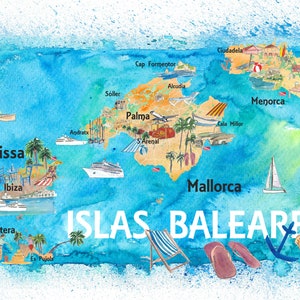 Carte de voyage illustrée des îles Baléares avec Majorque Ibiza Minorque Fine Art Print Carte vintage rétro avec des points forts touristiques