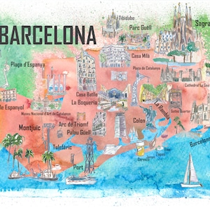 Barcelona Katalonien Spanien Illustrierte Fine Art Print Retro Vintage Karte mit touristischen Highlights