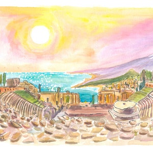 Incredible view of Ancient Teatro Antico Taormina Sicily - Limited Edition Fine Art Print - Original Painting available