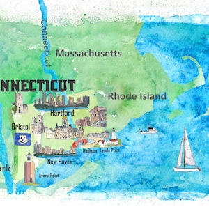 Carte d'affiche de voyage illustrée de l'état du Connecticut aux États-Unis avec des points forts touristiques