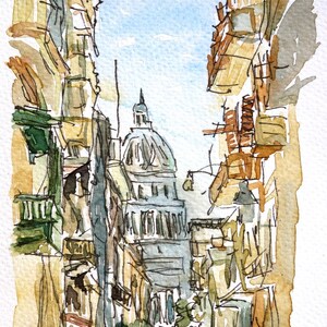 May include: Watercolor painting of a narrow street in a city with tall buildings on either side. The buildings are painted in shades of brown, yellow, and green. At the end of the street, a large building with a dome is visible. The sky is painted in shades of blue and white.