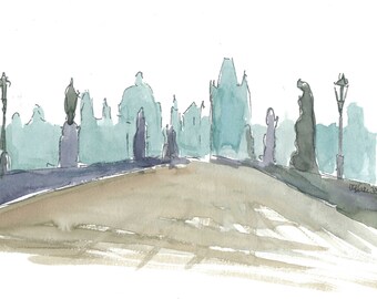 Charles Bridge Prague Lonely Silhouette - Limited Edition Fine Art Print - Original Painting available