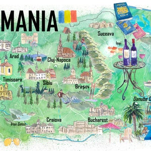 Romania Illustrated Travel Map with Roads and Tourist Highlights