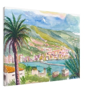 Santacruz de la Palma Küstenansicht mit Palmen und Hügeln - Limitierter Kunstdruck - Originales Gemälde erhältlich