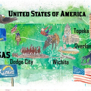 カンザス州のイラスト入り米国州別旅行地図（ハイライト付き）