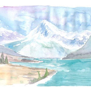 New Zealand Watercolor Landscape with Lake and Mountains - Limited Edition Fine Art Print - Original Painting available