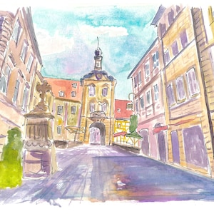 Linda antiga prefeitura de Bamberg na ponte sobre Pegnitz - Impressão de belas artes de edição limitada - Pintura original disponível